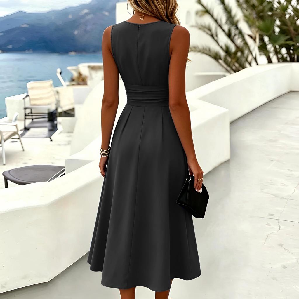 Sleeveless Casual Midi Dress for Women Round Neck Sleeveless Dress with Waistband Elegant Fit and Flare Style Suitable for Daily Wear and Events