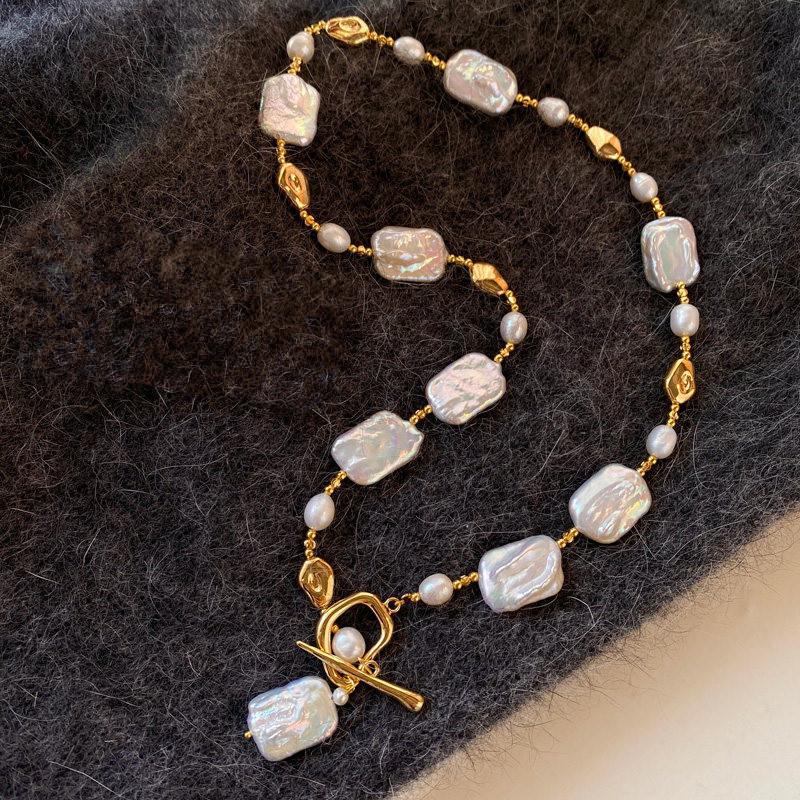 Alien-shaped Cube Freshwater Pearl OT Clasp Necklace, Irregular Metal Sweater Chain