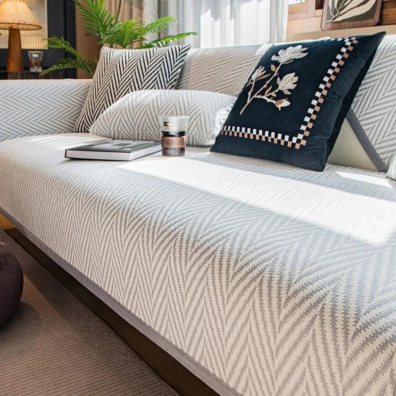 Sofa Cushion Fish Bone Pattern Winter Thickened Chenille Cushion Non-slip Leather Sofa Cover Cover 2025 New Cover Cloth Towel