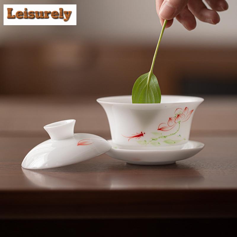 150ml Eisjade Handbemalte Lotus Gaiwan Traditionelle Teeterrine Teeschale mit Deckel Set Teezubereitung Deckelschale Trinkgeschirr Sammlung