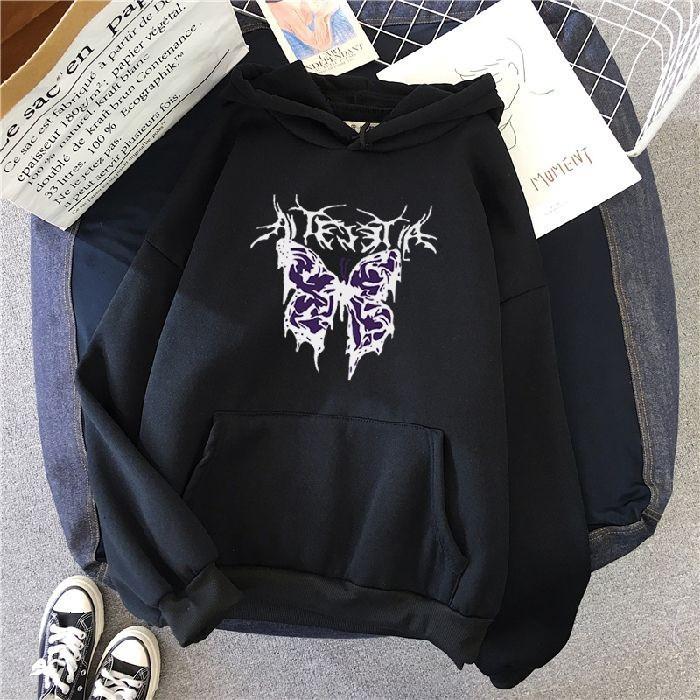 Punk big butterfly sweatshirt Harajuku dark sweater aesthetic fleece hip hop gothic streetwear hoodie