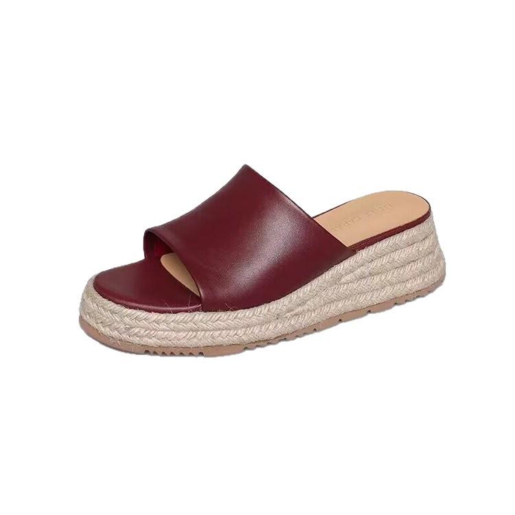 Soft Leather Version~ Straw Wedge Heel Sandals Women's 2025 Summer New Casual Outer Wear Open-toed Thick-soled One-word Slippers