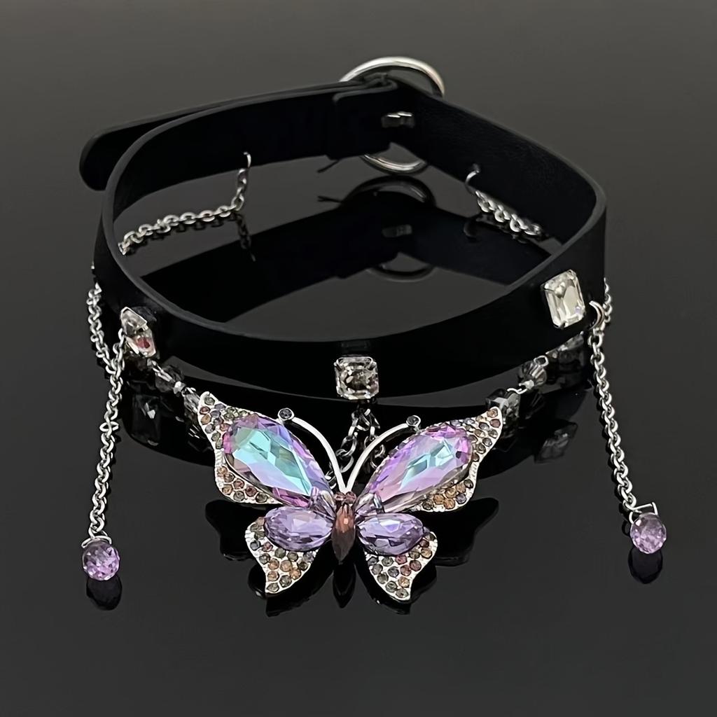 1PC Purple Butterfly Leather Necklace, Cool Punk Personality Fashion, Suitable for Women