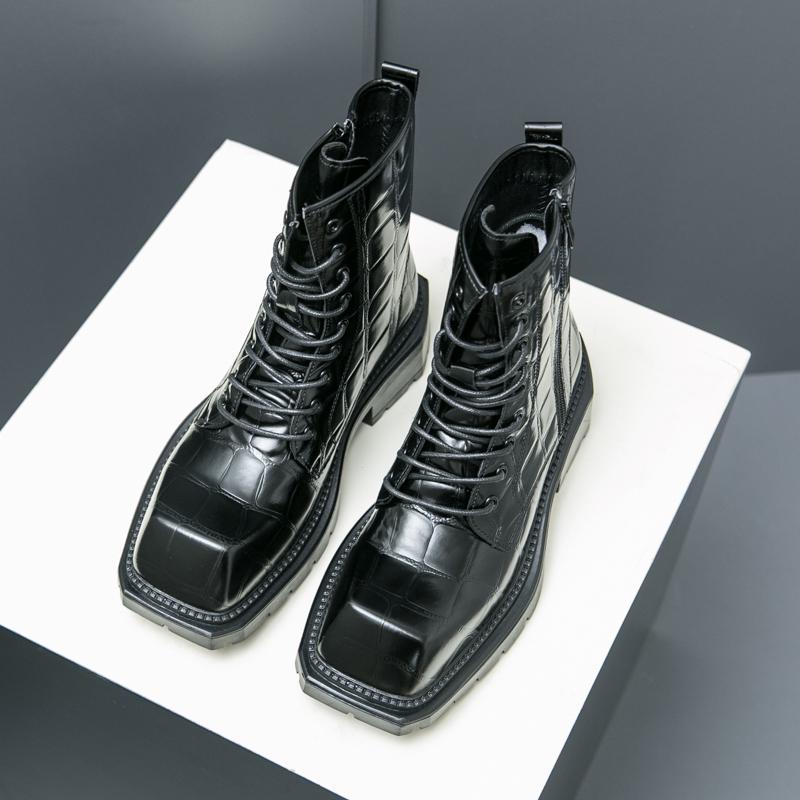 Fashion Fashion Retro Men Square-Toe Leather Boots Lace-up Motorcycle Boots Dress Shoes Luxury Thick Soled Boots Cowboy Boots Quality