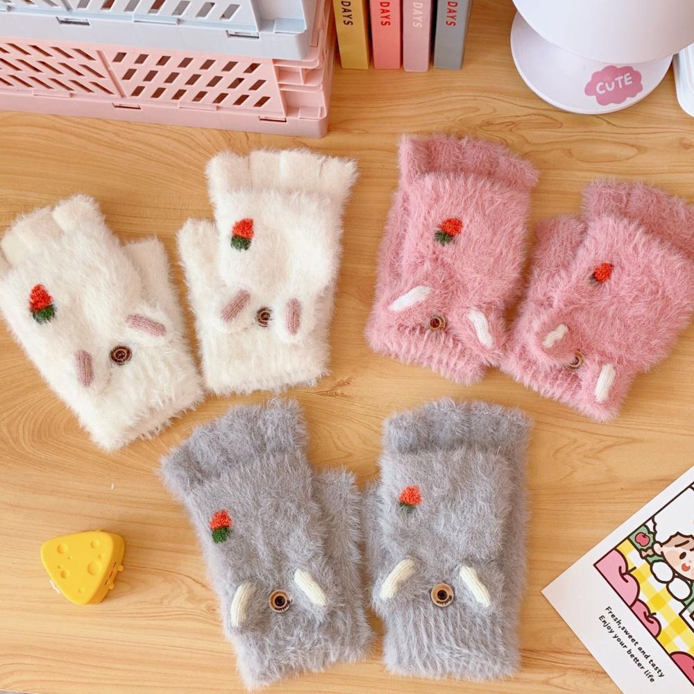 Cute Work For Girls Fingerless Plush Flip Korean Mittens Strawberry Half Finger Gloves Women Gloves