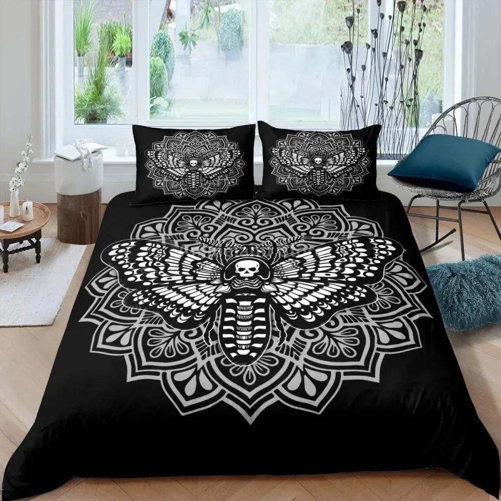 Gothic Skul Soft Duvet Cover Set, Death Moth Plus Flowers Warm Comforter Cover King Personalized Skeleton Bones Beding Sets Black Cream