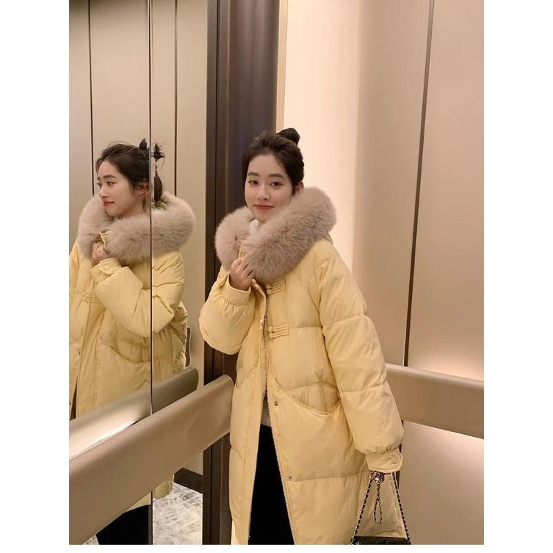 Long Over-the-knee Hooded Down Cotton Coat for Women Winter Big Fur Collar Thick Cotton Coat Trend Parkas Jackets