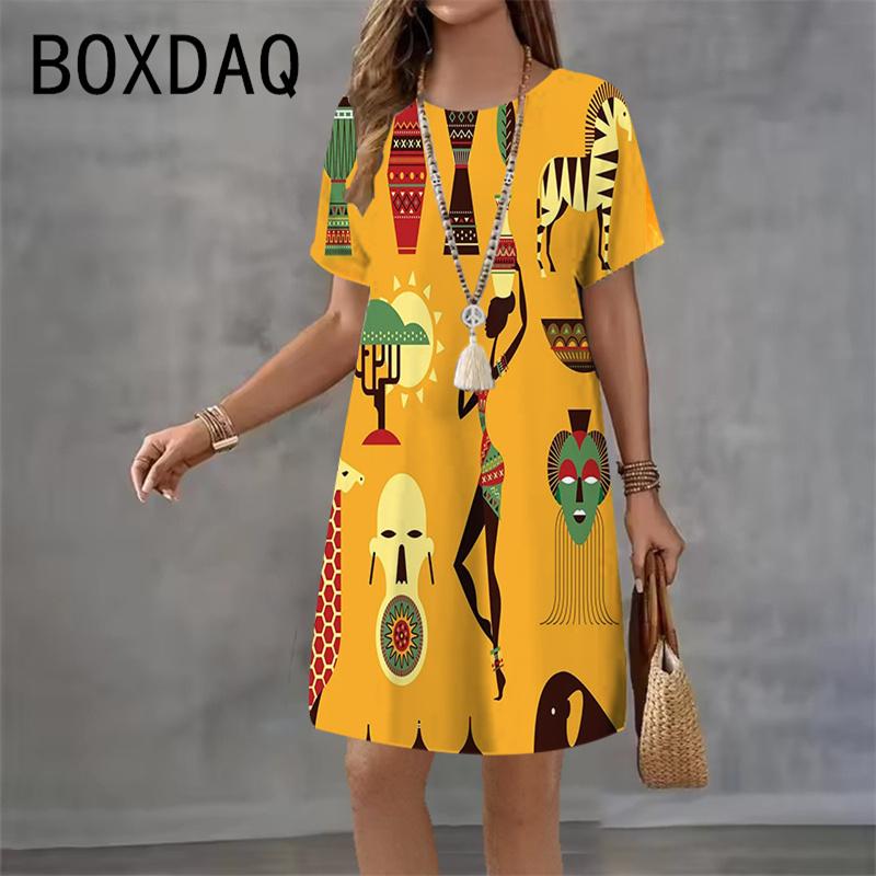 Round Neck Short Sleeve Casual Mini Skirt for Women Summer 2026 New Beach Party Dress Vestidos