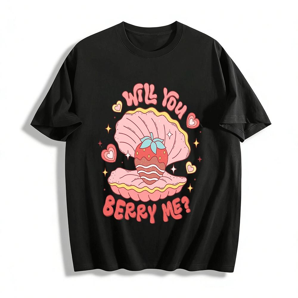 Funny Strawberry Shell Proposal Print Couple Casual Top Pure cotton T-shirt XXS