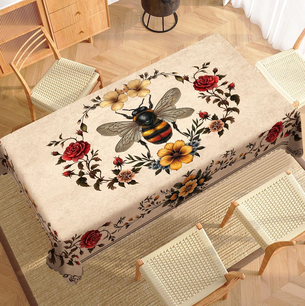 Tovaglia Floreale Vintage a Tema Api, con Rose Eleganti e Delicate e Altri Fiori, Stampe di Api Realistiche, Bordi Goffrati, Impermeabile, Antirughe