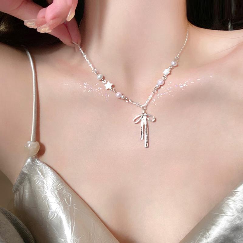 Sweet Colorful Crystal Bead Bow Necklace for Women Girls Bohemian Handmade Beads Chain Choker Necklace Fashion Jewelry Gifts