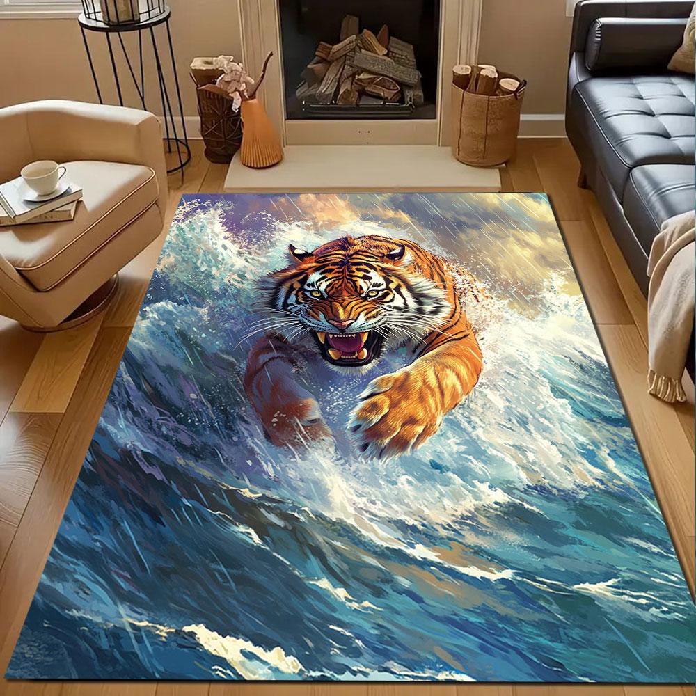 Tiger Charging Through Waves Patterned carpet, non slip mat suitable for living room and bedroom sofas