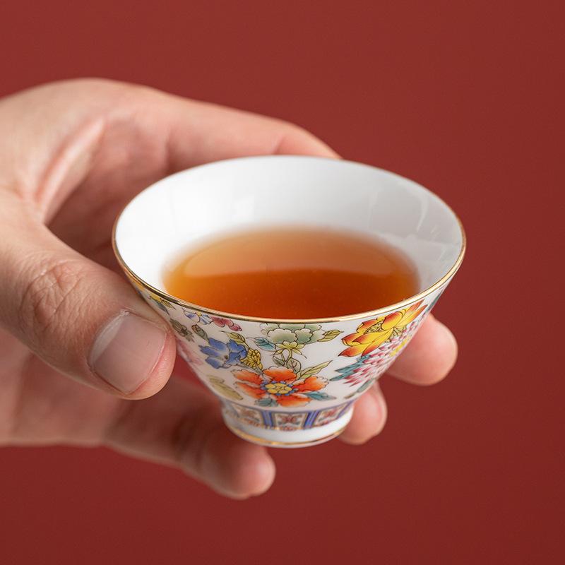 NEW Vintage Enamel Ceramic with Flower Pattern, Household , Single Cup for Tasting Tea, Simple Gift Set