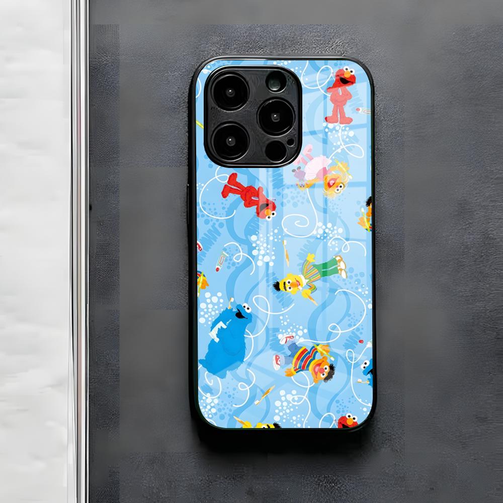 S-Sesame S-Street Phone Case For IPhone 17 Air 16 E Pro Max 15 14 13 Mini 12 Pro 11 Max Plus Black Glass Cover