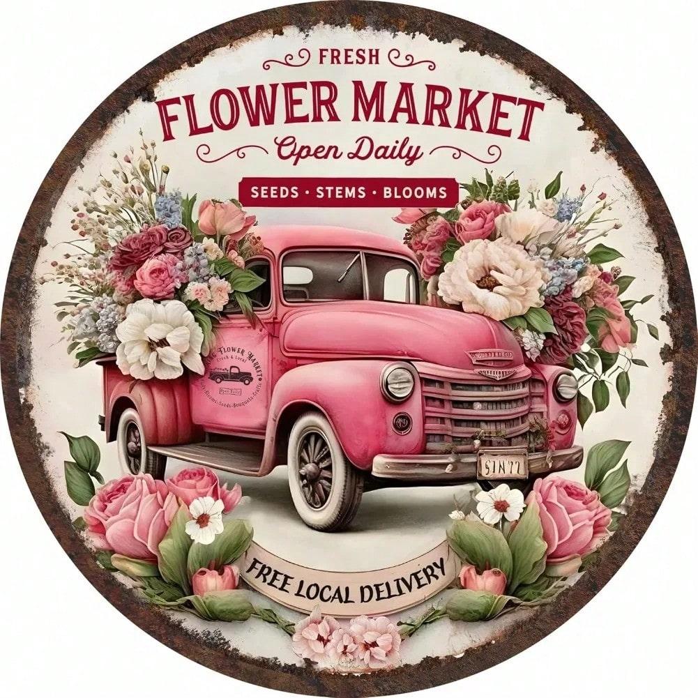 Ретро Цветочный Рыночный Грузовик Винтажное Оловянное Настенное Искусство 20x20