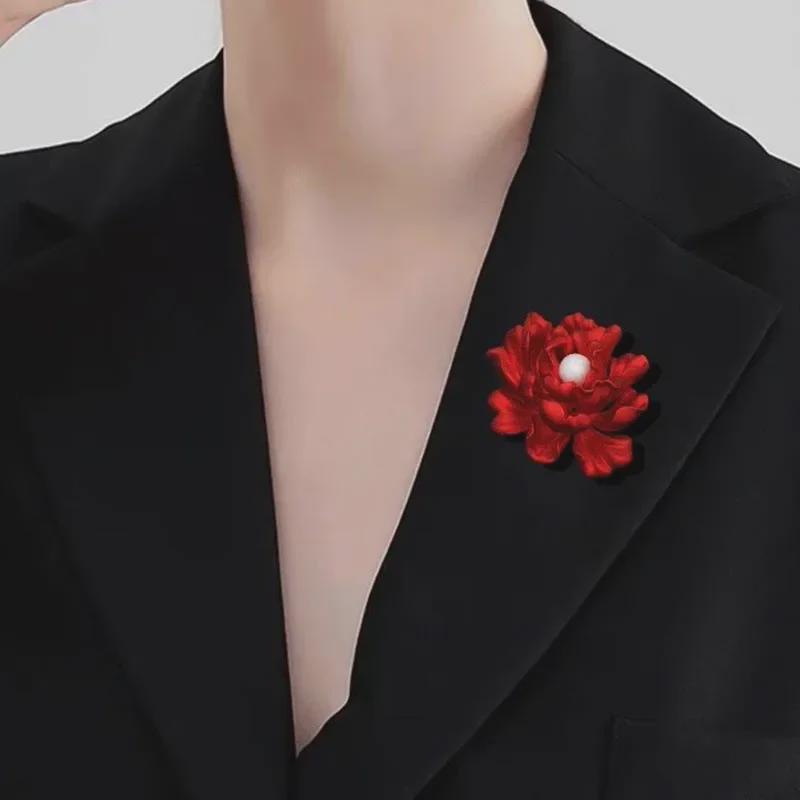 Spilla Perla Peonia Rossa: Spilla Retro di Alta Gamma per Donna e Uomo