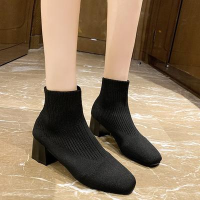 Winter Hoge Kwaliteit Dameslaarzen Hot Selling Vierkante Neus Effen Kleur Stof Vierkante Hak Dames Hoge Hak Korte Mode Laarzen
