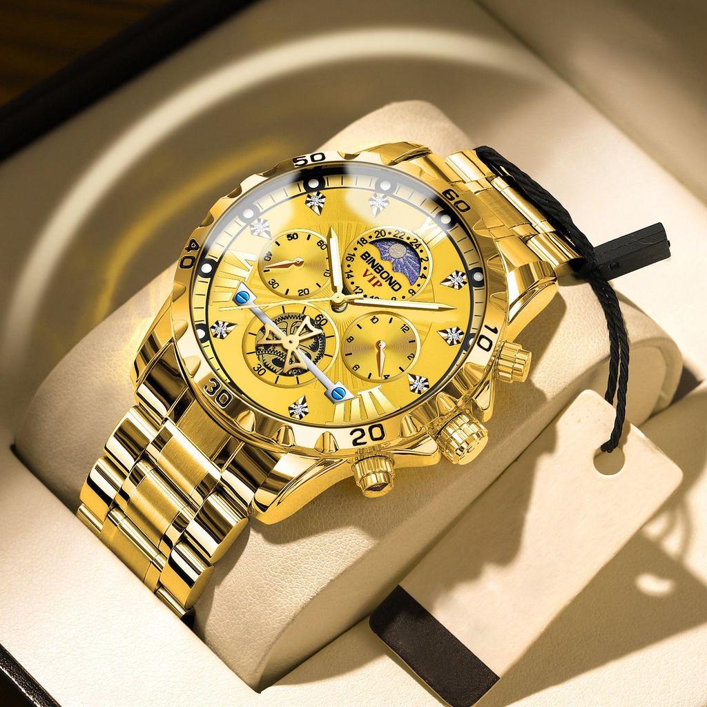 Binbang BINBOND Men's Luminous Waterproof Quartz Flywheel Watch - Genuine Business and Student Style, High-End Design.