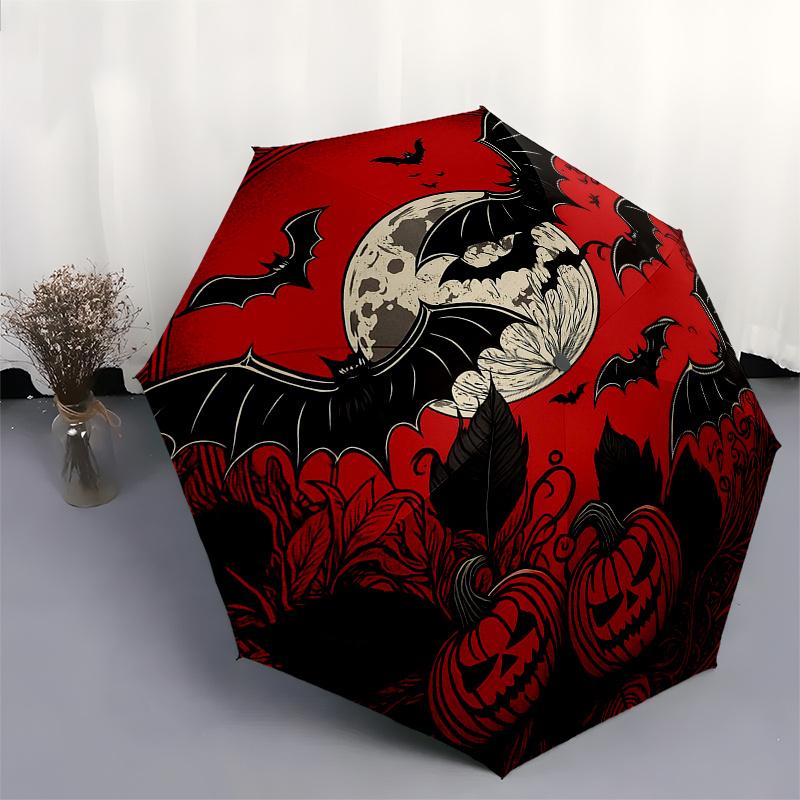 Halloween Moonlit Night Bat & Pumpkin Decorative RoundelUmbrella, Portable 3-Fold Compact Umbrella for Men & Women Gift