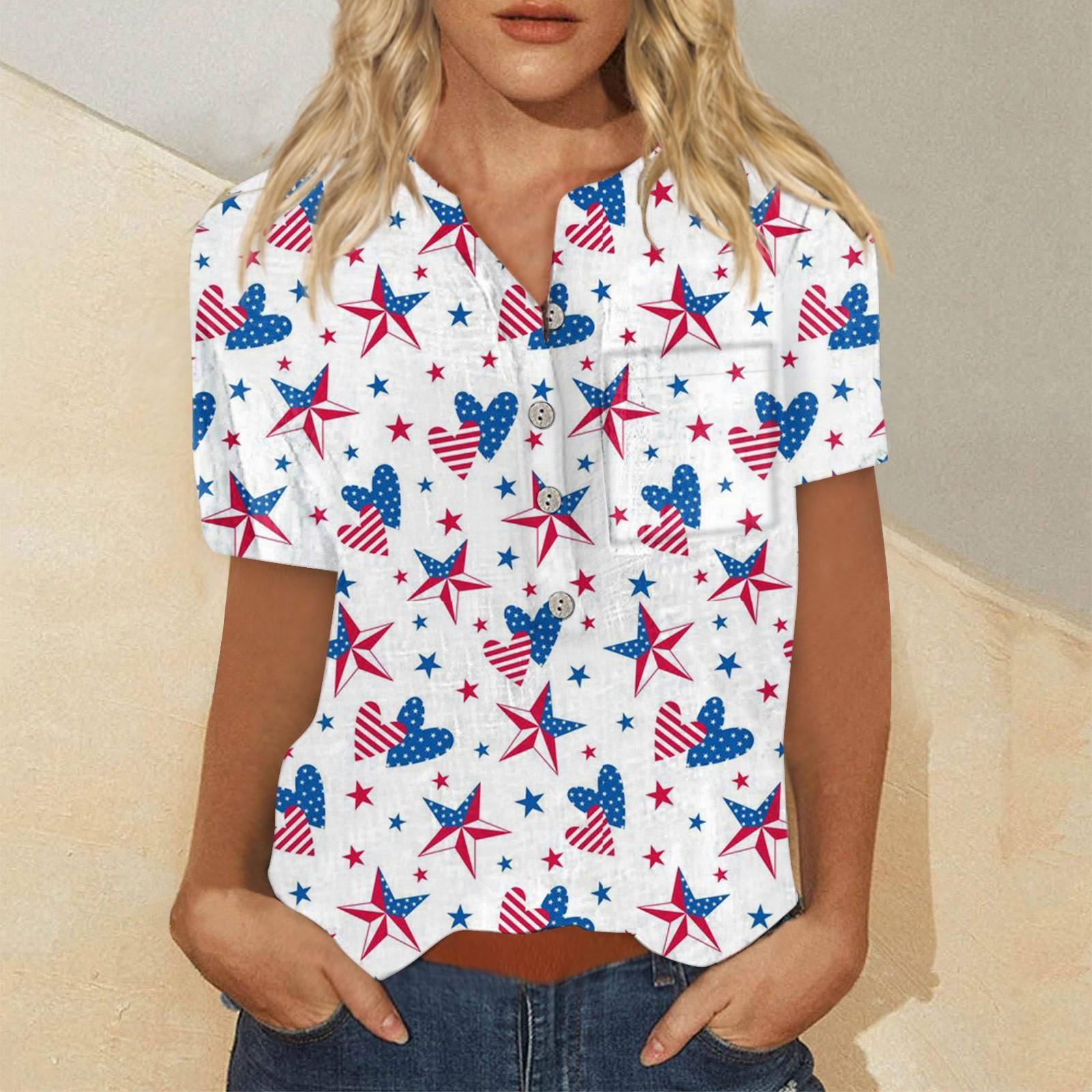 

Женская модная рубашка с коротким рукавом на пуговицах и нагрудном кармане ко Дню независимости M белый