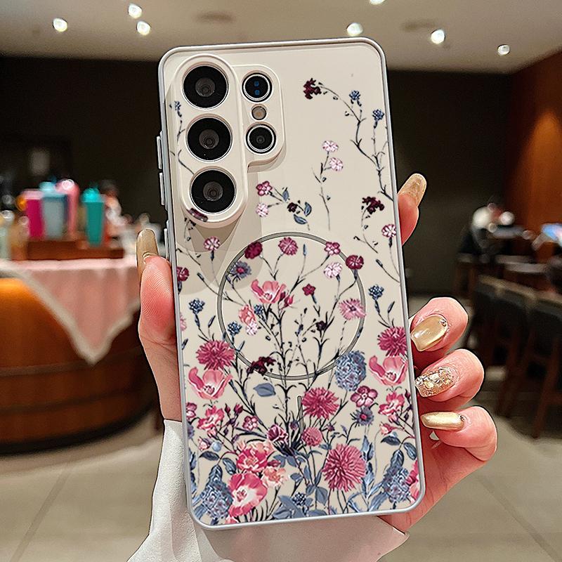 Retro Hot Pink Flower Pattern Case For Samsung Galaxy S26 Ultra S25 Edge S24 Plus S23 FE S22 A54 A55 A56 5G Magnetic For Magsafe Matte Cover