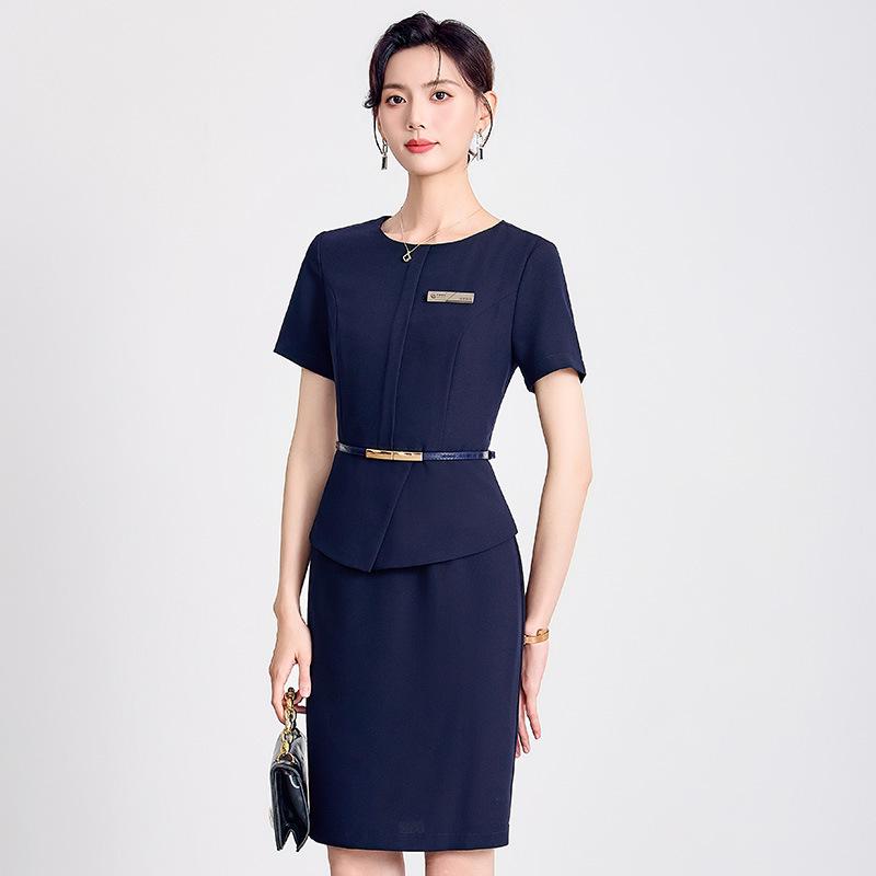 Navy Blue Two-Piece Bodycon Dress - Women's Formal Wear, Seven-Sleeve, Round Neck