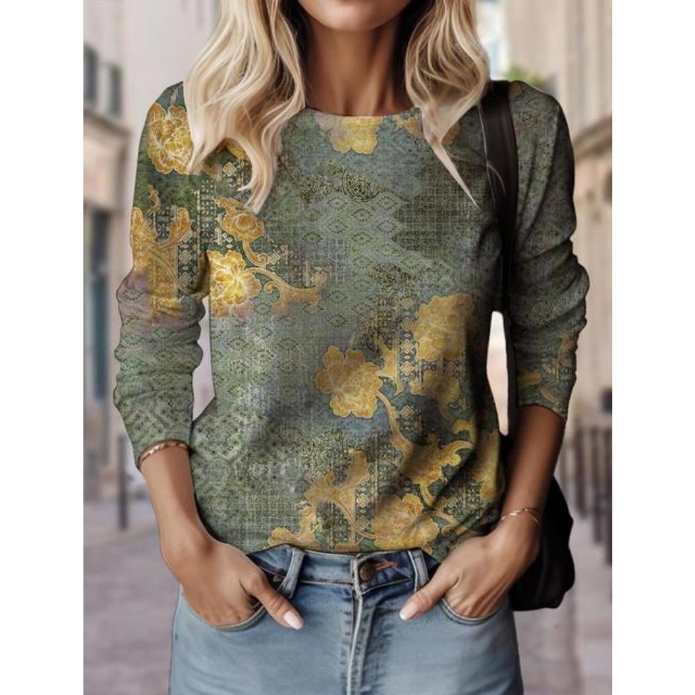 Damen T-Shirts mit Blumenmuster 3D-Druck Tops O-Ausschnitt Lässiger Pullover Langarm Y2K Kleidung für Mädchen Mode Sweatshirt