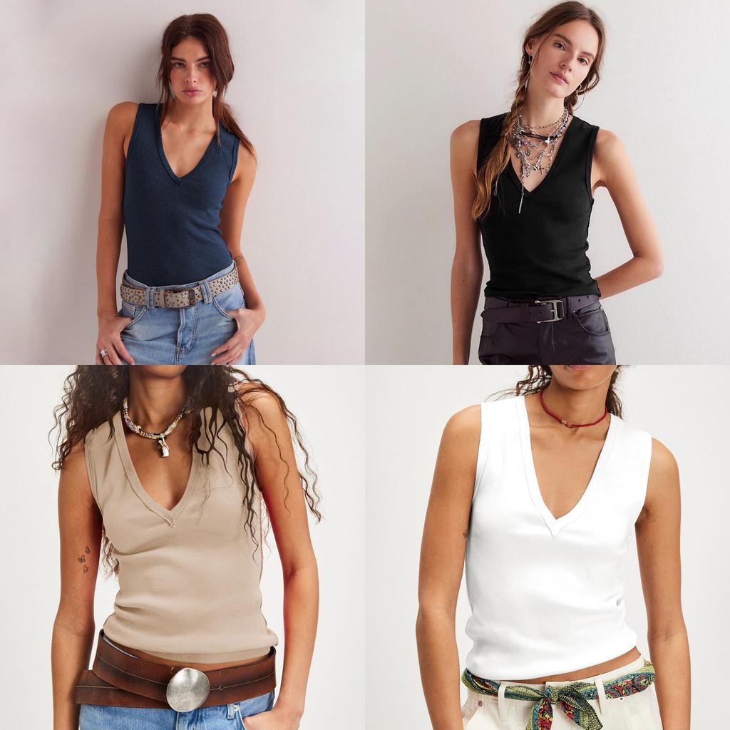 Modern V Neck Sleeveless Top For Women With Ribbed Knit Fabric For Summer Casual Wear