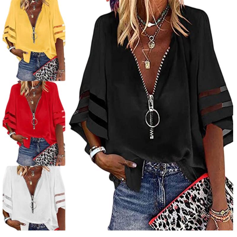 

Осенняя модная новая свободная рубашка с коротким рукавом, футболка с глубоким v-образным вырезом на молнии, женская шифоновая рубашка, топ
