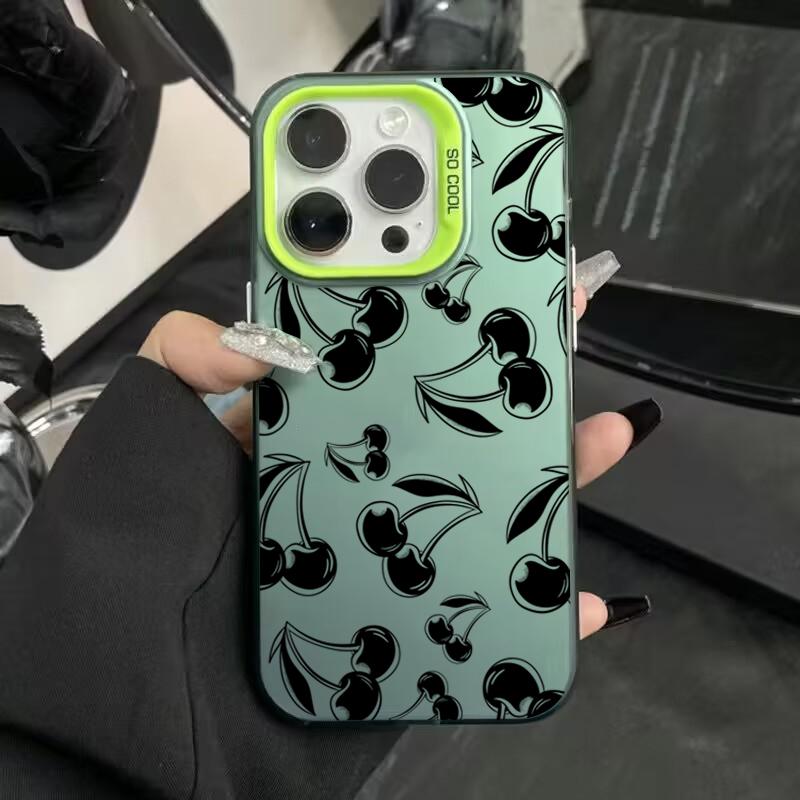 Cute Black Cherry Pattern Matte Laser Phone Case For iPhone 15 Pro Max Case iPhone 16 14 13 12 11 XS X 7 8 Plus Shockproof Cover
