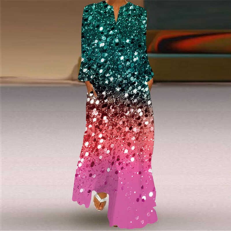 

New Chinese Style 2025 New Arrival Women s Clothing Fashion Gradient Effect 3D Stereo Print Dress V Neck Long Sleeves Long Skirt VLCXCQ-246 S