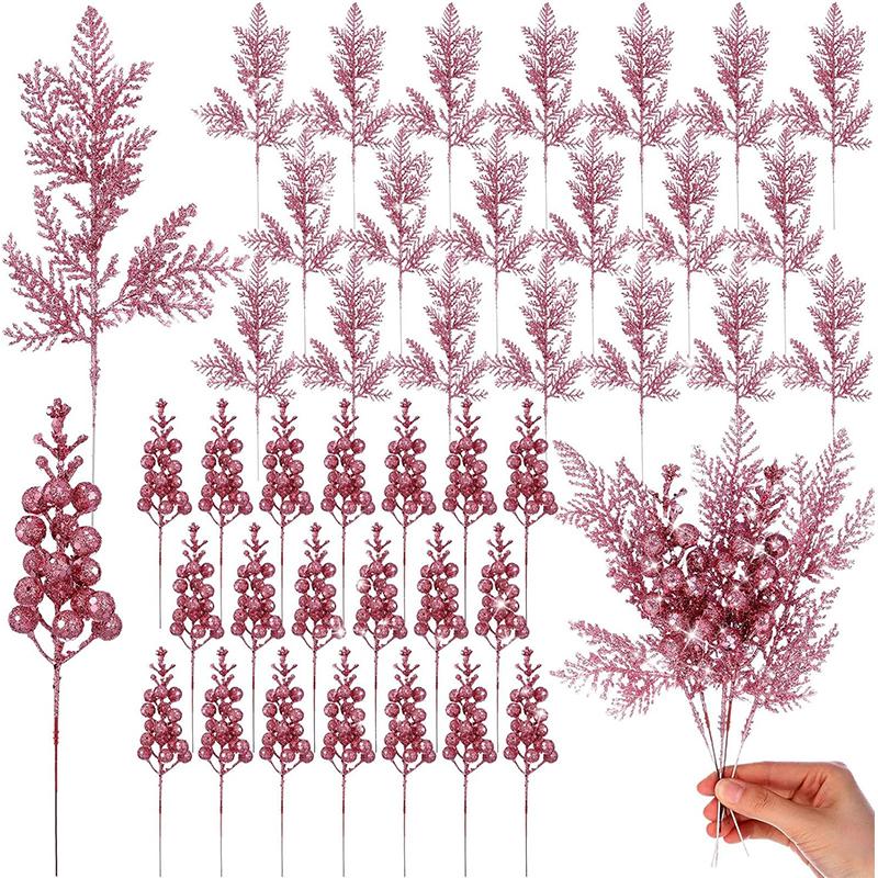 Glitter Christmas Decoration Artificial Berry Stalk Pine Needle Bouquet Christmas Tree Ornament Xmas DIY Wreath Gift Accessories