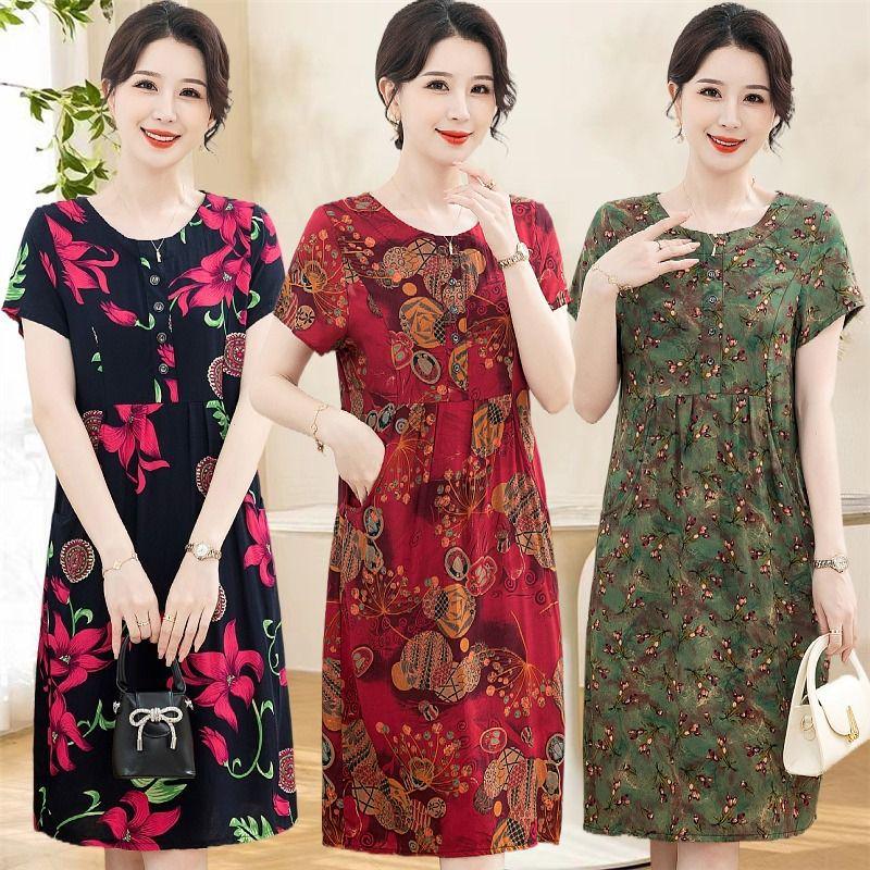 Summer Cotton Silk Dress for Middle-Aged & Elderly Women - Plus Size, Mid-Length, Short Sleeve, Loose Fit for 50s & 60s Mothers