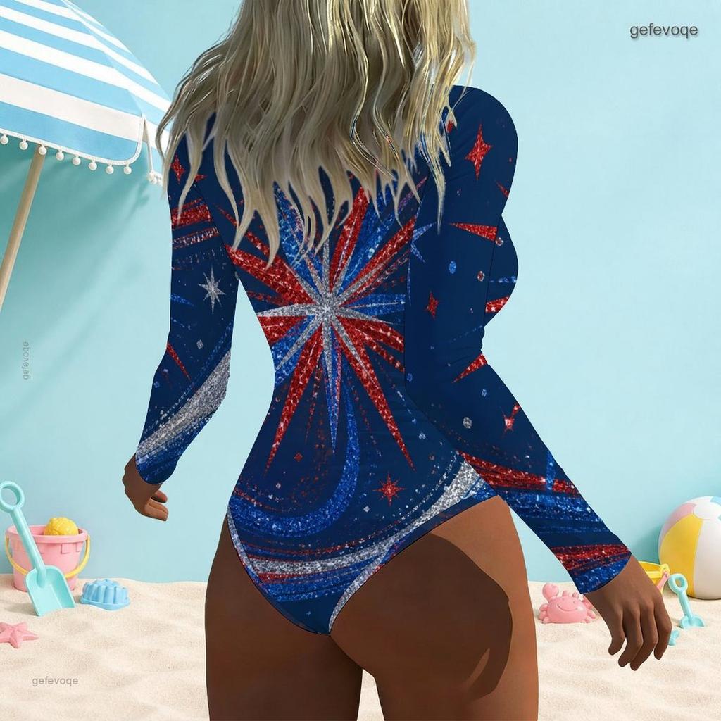 Women Plus Size High Neck Front Zip Long Sleeve One Piece Printed Swimsuit Red Blue White
