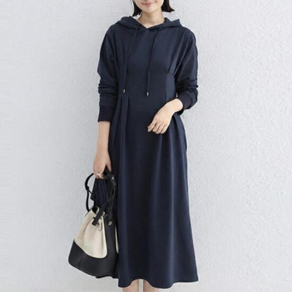 Navava Women Waist Shirring Long Sleeve Hoodie Long Dress No964