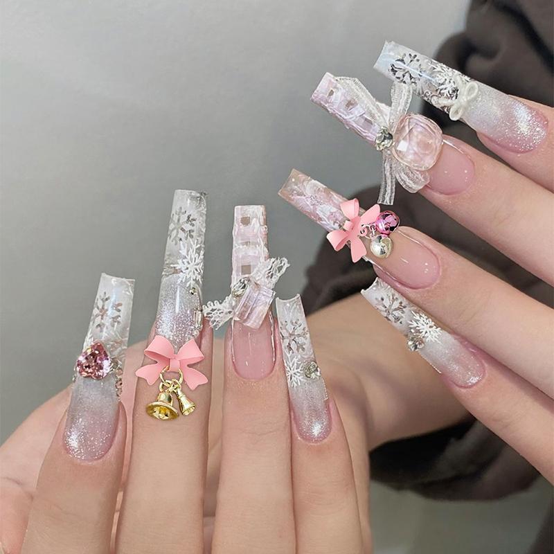3Pcs Festive Christmas Bell Colorful Bowknot Nail Art Charms New Year Luxury Crystal Aurora Bell Pendant Nail Decoration Parts