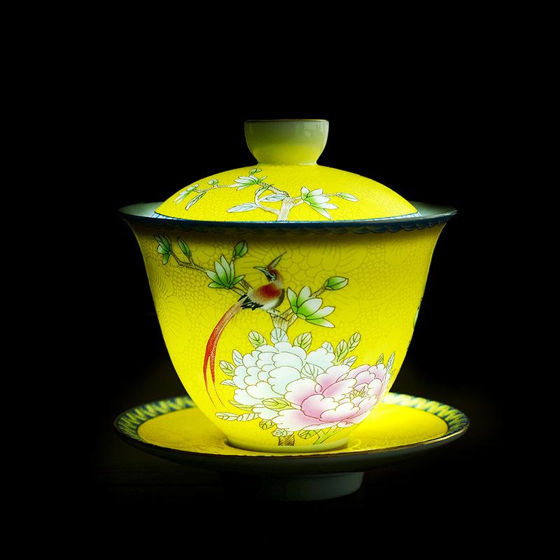 HMLOVE Color Enamel Sancai Gaiwan White Porcelain Cover Bowl Lid Saucer Kung Fu Tea Sets Handmade Tureen Travel Teaware Gift