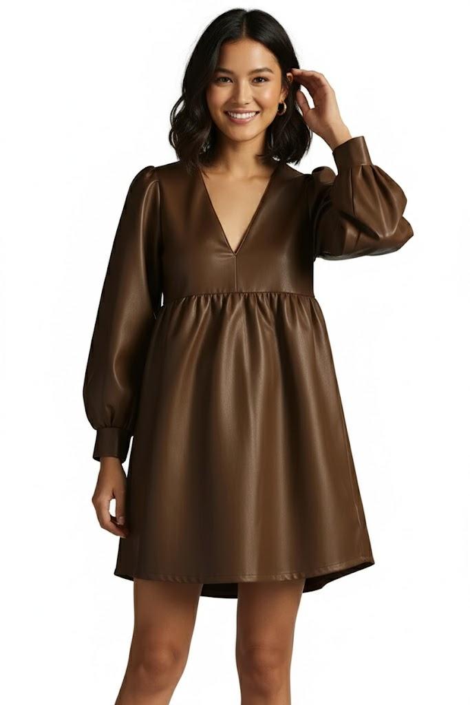 Genuine Soft Brown Handmade Casual Mini Lambskin Leather Dress Stylish Women New