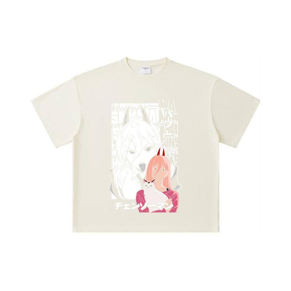 

260 GSM Double Yarn 32 Count 100% Cotton Chainsaw Man V57 Power Print Unisex Heavy Cotton T Shirt S