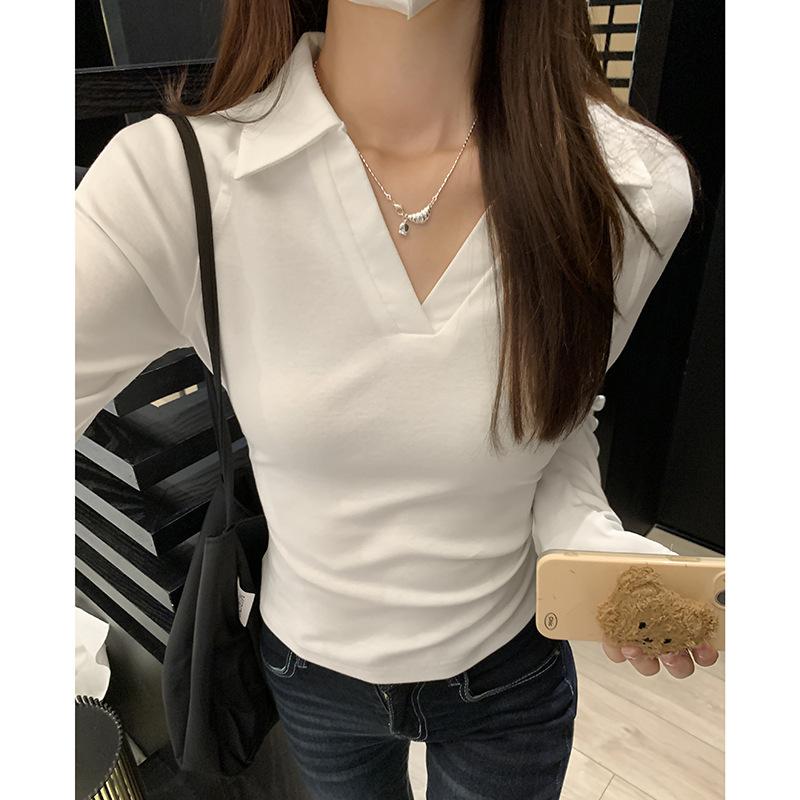 Pure Desire White Polo Lapel Long-sleeved Bottoming Shirt for Women In Autumn and Winter Hot Girl Right Shoulder Tight Little Man Inner Short Top