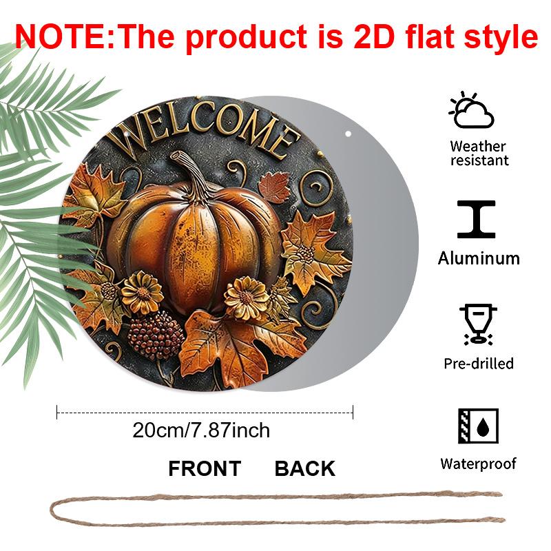 2D Flat, 1pc Fall Leaves Round Aluminum Sign, Pumpkin Round Aluminum Sign, Autumn Decor Metal Sign - Welcome Rustic Metal Wall Art, Wall Decor Signs