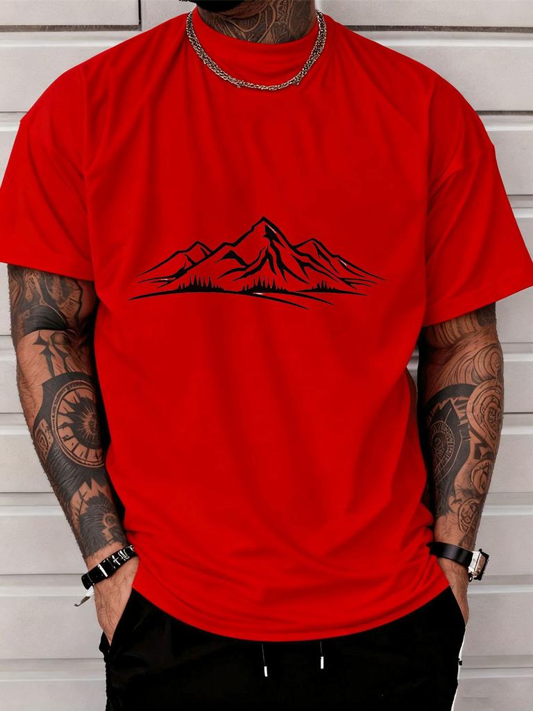 Unisex Summer Black Short Sleeve Tee Minimal Mountain Forest Line Graphic Print Crew Neck Loose Casual Streetwear Male Daily Top