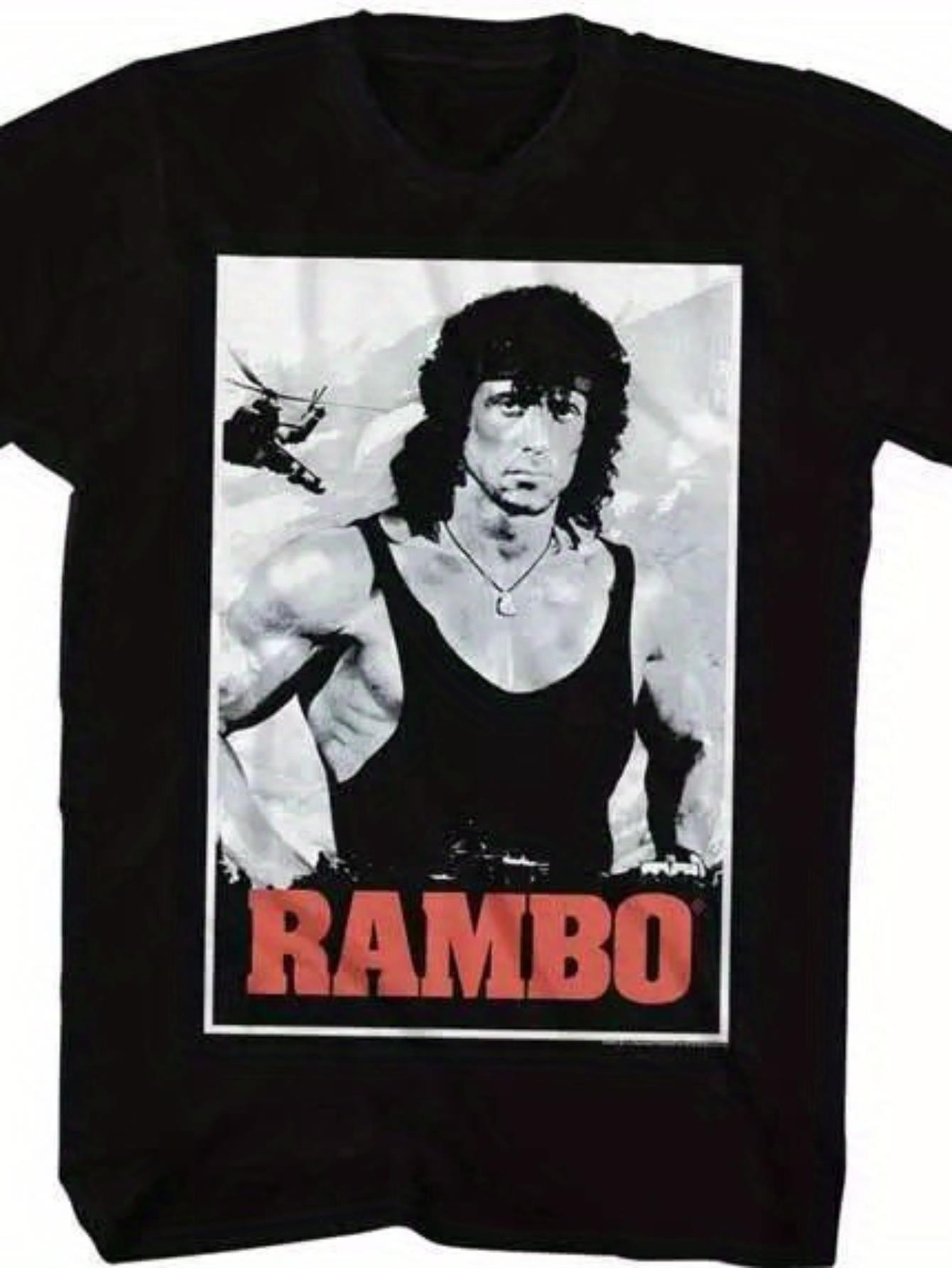 Men s Vintage 80s Rambo First Blood Part II Graphic T-Shirt- John Rambo& Helicopter Scene Design S