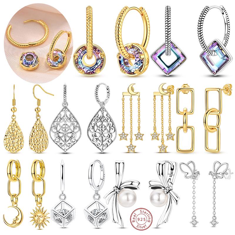 925 Silver Hoops Earrings Starlight Crystal Pearl Bow Sun and Moon Earring With Zirconia Fashion Jewelry for Women Girl