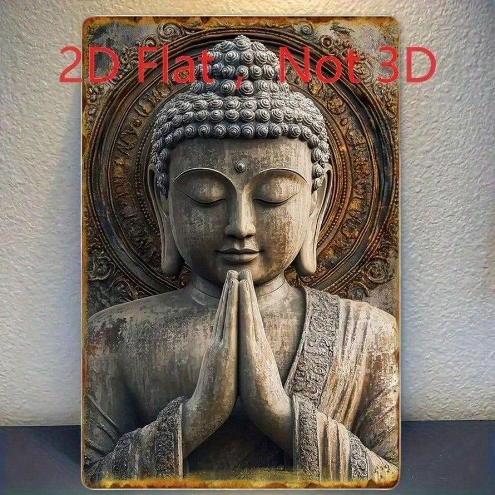 Retro Praying Buddha Statue Aluminum Tin Sign 20x30cm Metal Wall Decor for Meditation Living Room Home