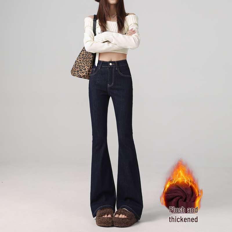 Deep Blue High Waist Plus Velvet Flare Jeans for Women XS