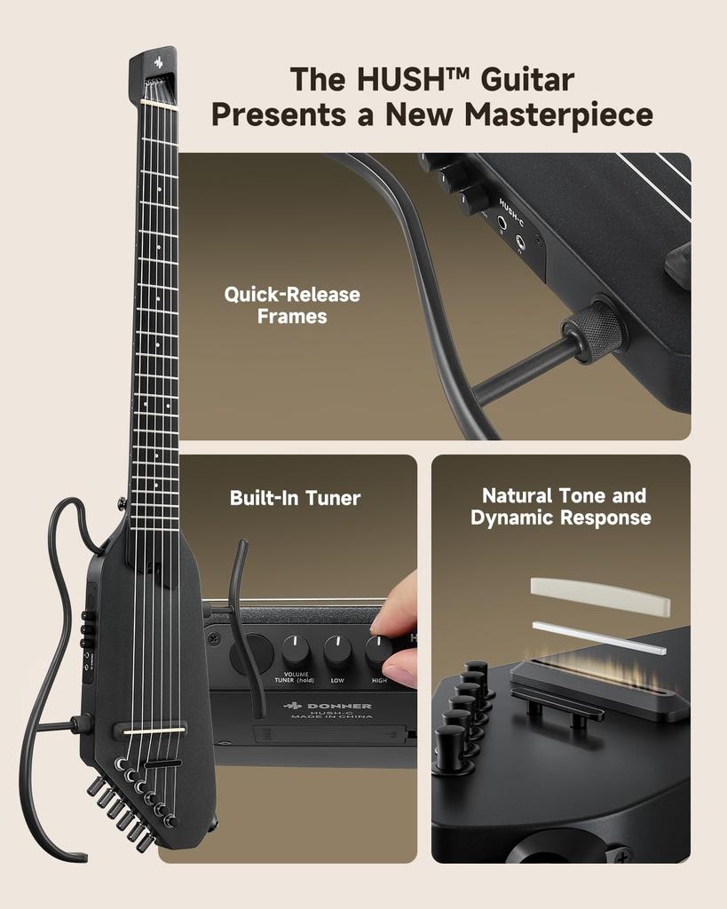 Donner HUSH C Classical Guitar, Nylon String, Electric Guitar, Headless, with Earphone Output and Built-in Tuner, Black