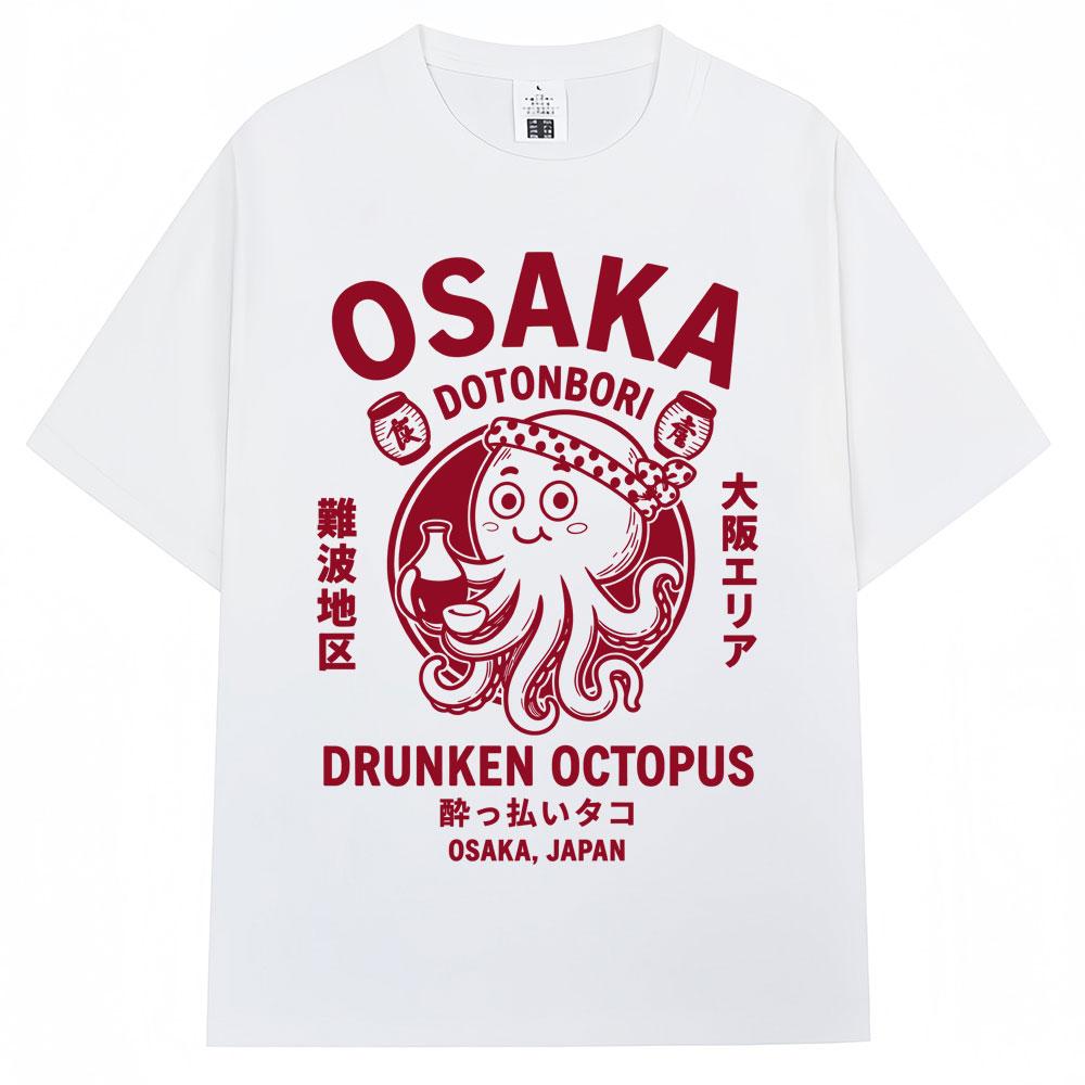 Japanese Style Osaka Drunken Octopus Graphic Tshirt Unisex Unisex Dotonbori Vintage Tshirts Loose Cotton T Shirts Streetwear Gifts