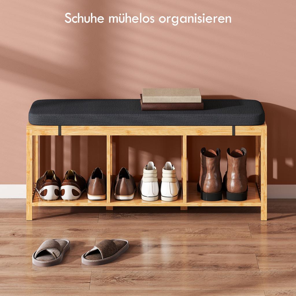 Bamboo Shoe Bench Hallway Bench With Padded Seat Cushion And Open Shelf Natural Wood Look
