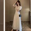 Women's Summer French Style Polka Dot Puff Sleeve Maxi Dress V Neck Tie Front Ruffle Trim Slim Waist Elegant Casual Long Dress for Women